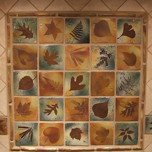 backsplash tiles 3&quot; rustic decor nature themed botanical Stoneware Ceramic Tiles or Coaster Tiles in &quot;Green Leaf&quot; Glaze