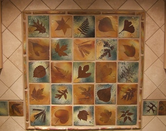backsplash tiles rustic decor nature themed botanical 4 inch Stoneware Ceramic Tiles or Coaster Tiles in &quot;Green Leaf&quot; Glaze