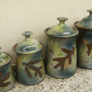 Canister set Lidded Jars Kitchen Canisters with tree leaves in Green Leaf Glaze Green Leaf 4 pcs