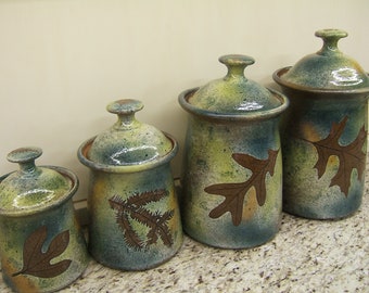 Canister set Lidded Jars Kitchen Canisters with tree leaves in "Green Leaf" Glaze