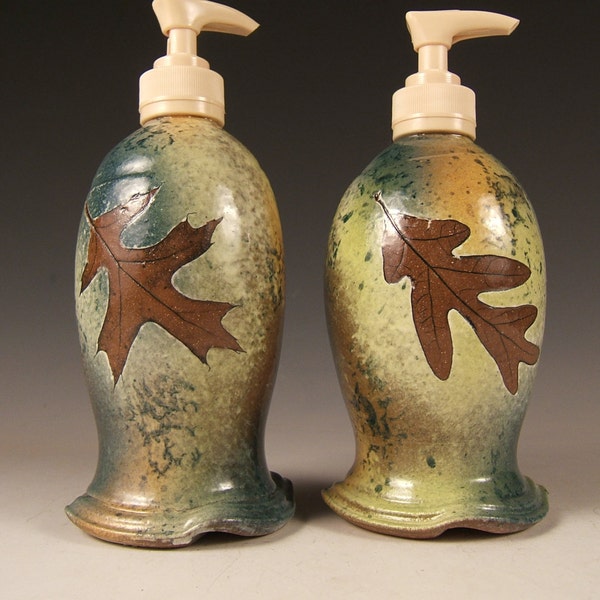 soap dispenser lotion pump, green leaf stoneware with fern, oak and maple options