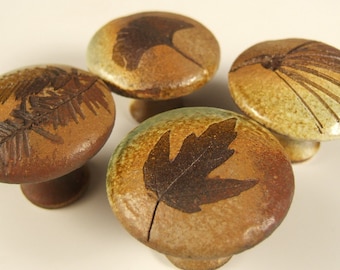 4  Leaf ceramic Cabinet Knobs or Drawer Pulls in Change of Seasons glaze