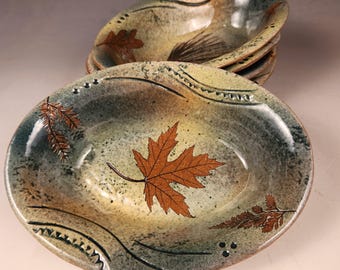 Handmade Stoneware Serving Bowl: Oblong Pottery with Leaf Design