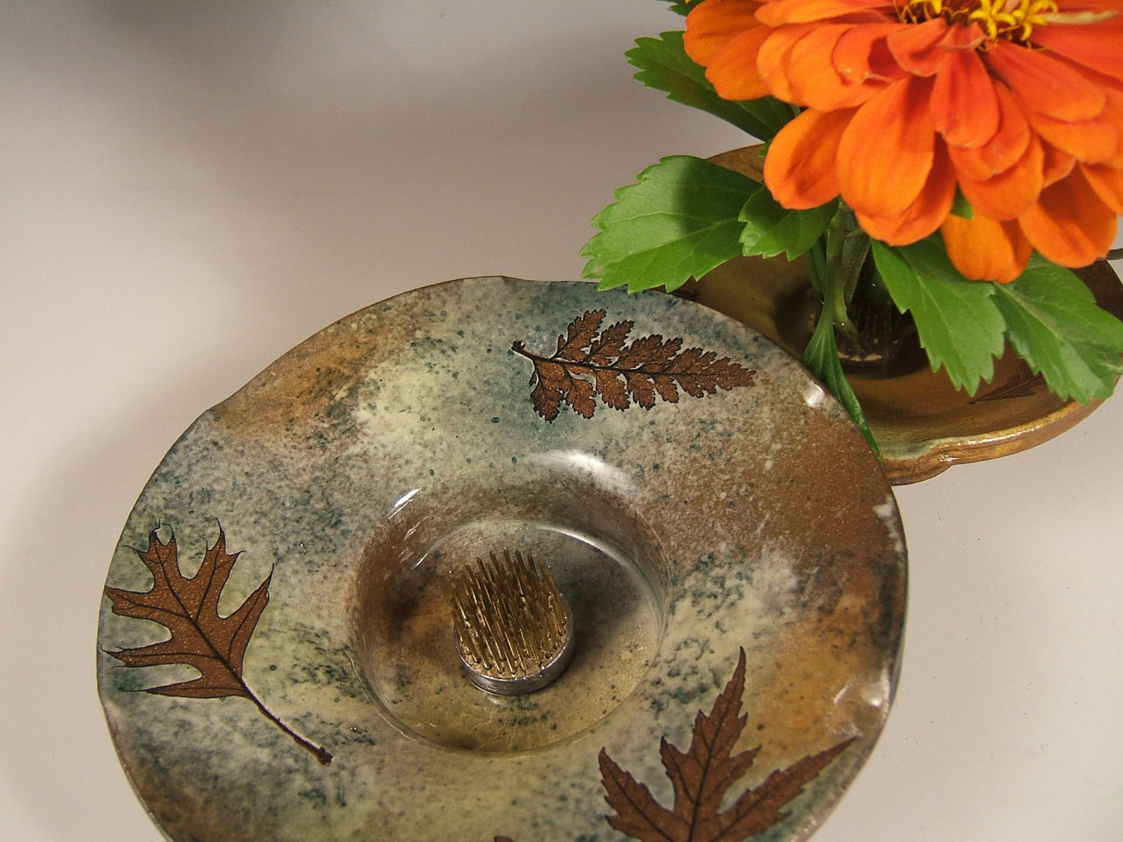 Ikebana Vase in Green Leaf Glaze With Oak Fern & Maple Etsy