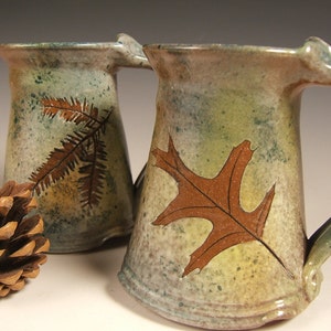 Green Leaf stoneware coffee mugs tea mugs 10 to 12 ounce wheelthrown valentines gift image 3