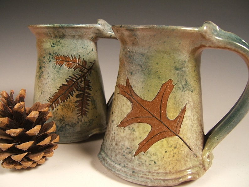 Green Leaf Stoneware Coffee Mugs Tea Mugs 10 to 12 Ounce Etsy