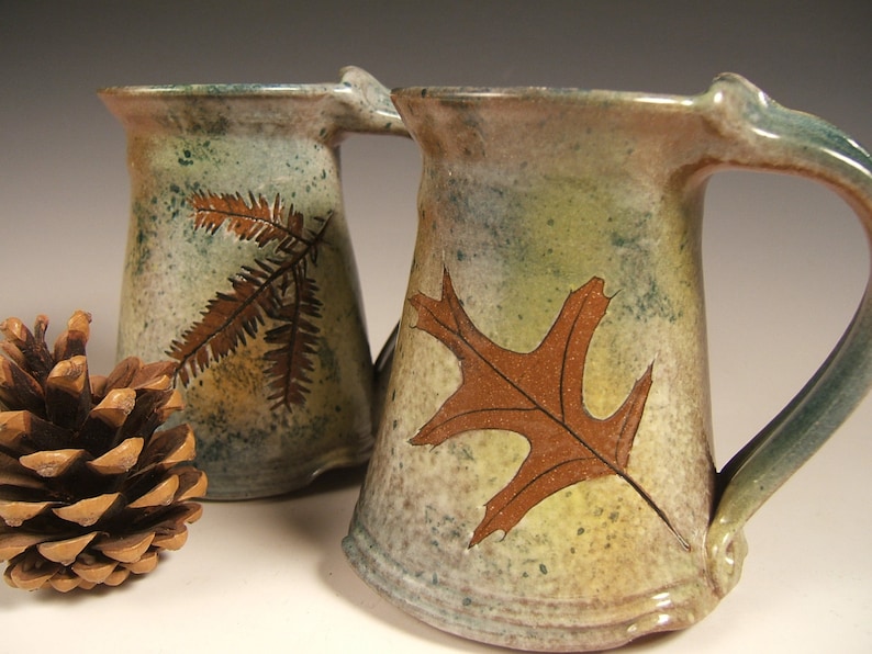 Green Leaf stoneware coffee mugs tea mugs 10 to 12 ounce wheelthrown valentines gift image 3