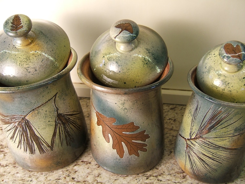 Canister set Lidded Jars Kitchen Canisters with tree leaves in Green Leaf Glaze image 5