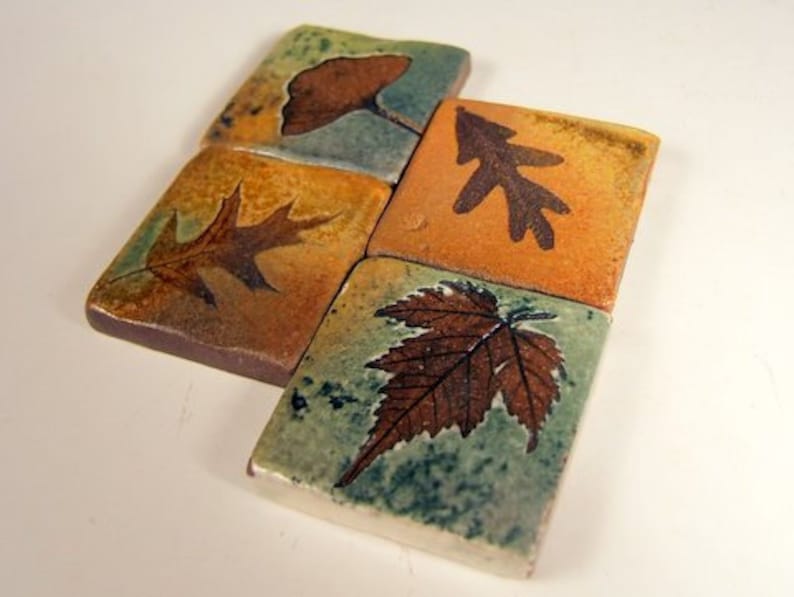 4 Handmade Tiles Samples Backsplash Accent Ceramic Tile kitchen bath tree leaves 1.75 and larger sizes. image 2