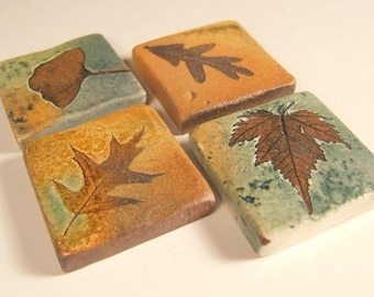 4 Handmade Tiles Samples Backsplash Accent Ceramic Tile kitchen bath tree leaves 1.75" and larger sizes.