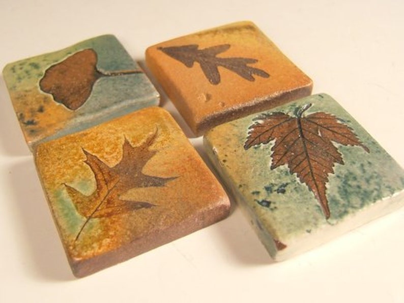 4 Handmade Tiles Samples Backsplash Accent Ceramic Tile kitchen bath tree leaves 1.75 and larger sizes. image 1