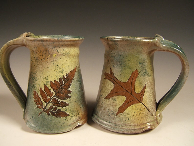 Green Leaf stoneware coffee mugs tea mugs 10 to 12 ounce wheelthrown valentines gift image 2