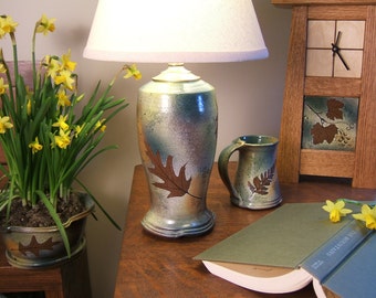 table lamp handmade green ceramic with shade in green leaf glaze, available by order