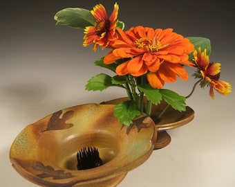 Ikebana Vase earthtone pin frog for fresh flowers with oak and sassafras leaves