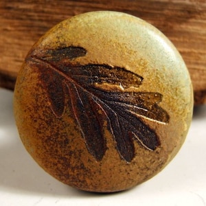 Peut inclure: Un bouton rond en céramique avec un glaçage brun, vert et blanc. Un motif de feuille brun foncé est imprimé sur le bouton.