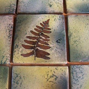 9 backsplash tiles rustic botanical 4 inch Stoneware Ceramic Tiles or Coaster Tiles in &quot;Green Leaf&quot; Glaze