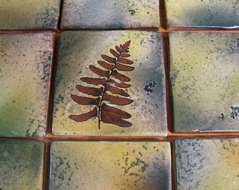 9 backsplash tiles rustic botanical 4 inch Stoneware Ceramic Tiles or Coaster Tiles in "Green Leaf" Glaze