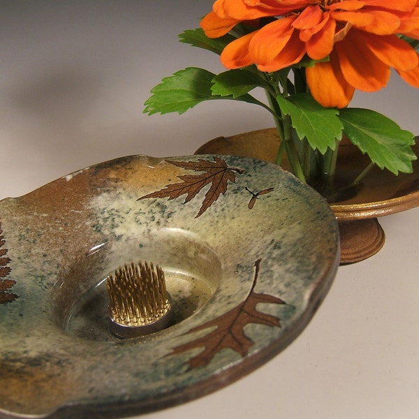 Ikebana Vase in Green Leaf Glaze with Oak Fern & Maple