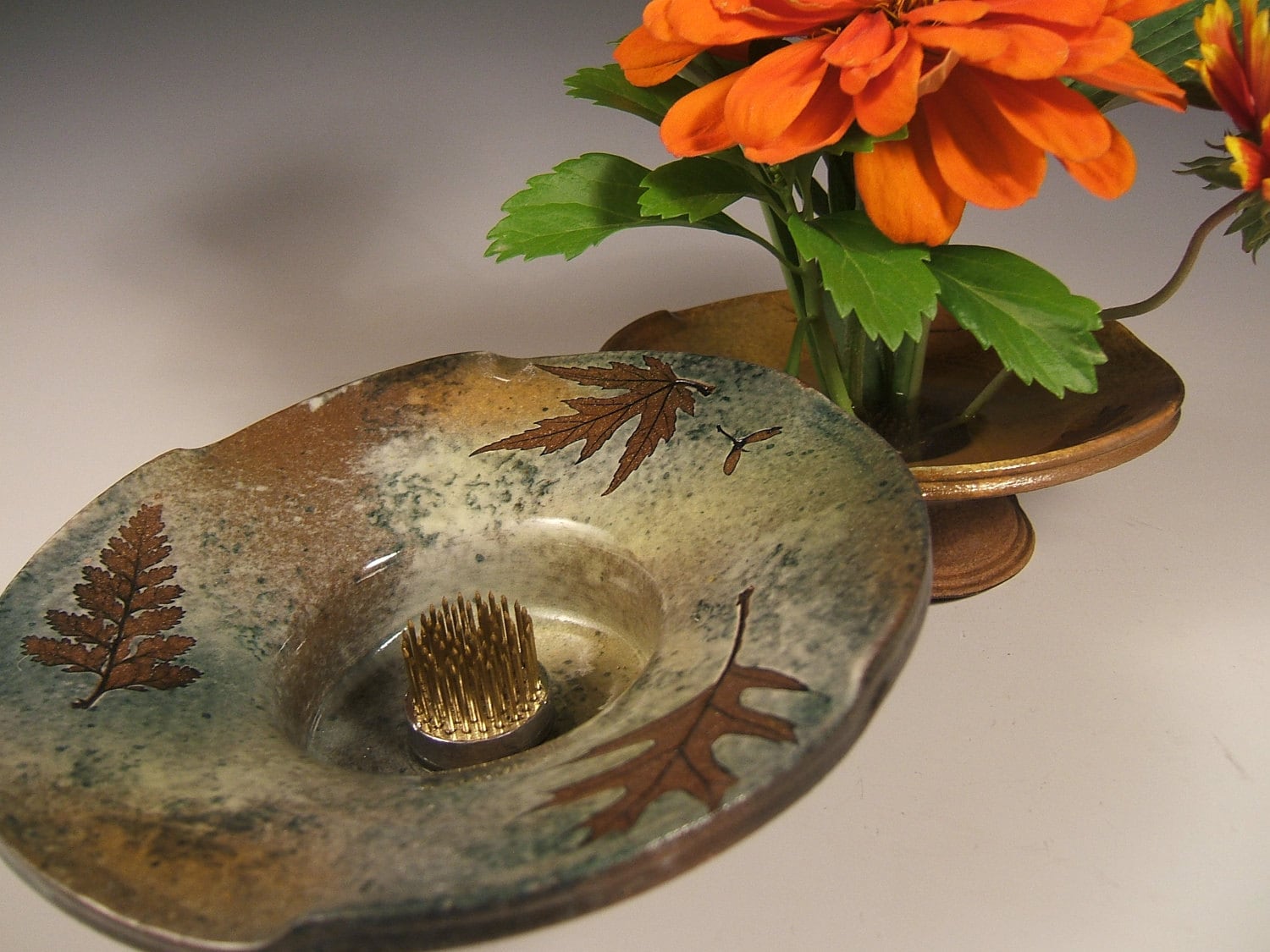 Ikebana Vase in Green Leaf Glaze With Oak Fern & Maple Etsy