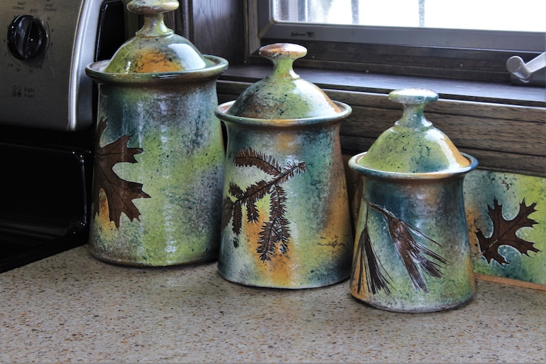 Canister set Lidded Jars Kitchen Canisters with tree leaves in Green Leaf Glaze image 3