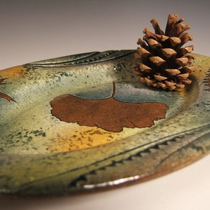 Serving Dish Serving Tray in Green Leaf Pattern with Tree Leaf Impressions-Gingko,Pin Oak & Rabbitfoot Fern