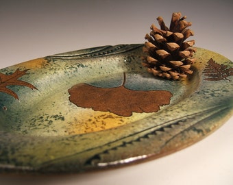 Serving Dish Serving Tray in Green Leaf Pattern with Tree Leaf Impressions-Gingko,Pin Oak & Rabbitfoot Fern