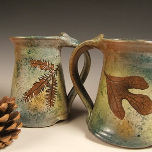 Green Leaf stoneware coffee mugs tea mugs 10 to 12 ounce wheelthrown valentines gift image 1