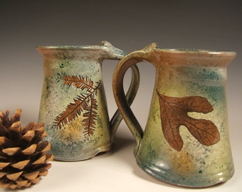 Green Leaf stoneware  coffee mugs tea mugs 10 to 12 ounce wheelthrown valentines gift