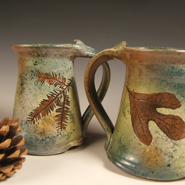 Green Leaf stoneware  coffee mugs tea mugs 10 to 12 ounce wheelthrown valentines gift