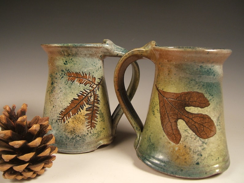 Green Leaf stoneware coffee mugs tea mugs 10 to 12 ounce wheelthrown valentines gift image 1