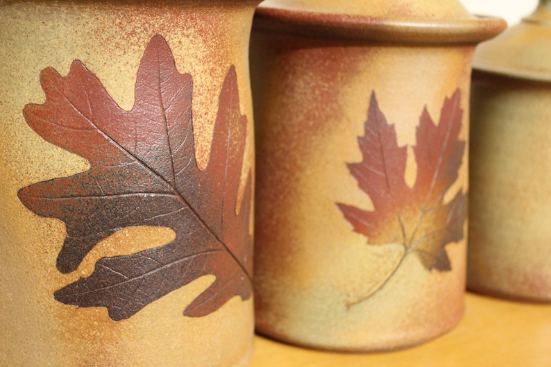 Canister set Lidded Jars Kitchen Canisters with tree leaves in Green Leaf Glaze image 9