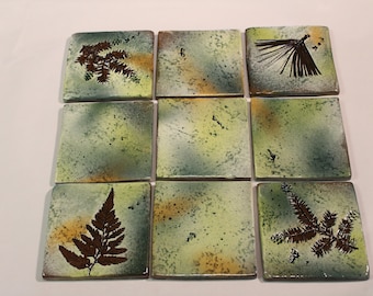 5 field and 4 leaf tiles 4 inch "Green Leaf" Glaze