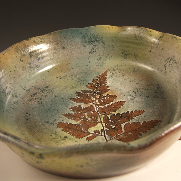 Wheelthrown Pie Pan Baking Pan Quiche in Fern, Oak ,Ginkgo and Maple Leaves