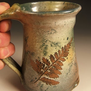 coffee mug handmade pottery leaf hand 10-12 oz
