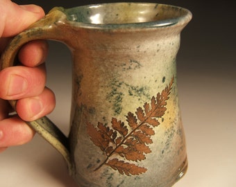 coffee mug handmade pottery leaf hand 10-12 oz