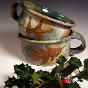 Soup mug, soup crock, latte cup, tea cup with green leaf impressions