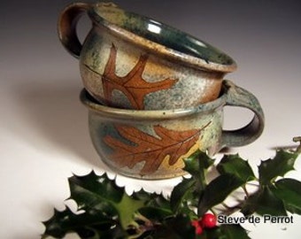 Soup mug, soup crock, latte cup, tea cup with green leaf impressions