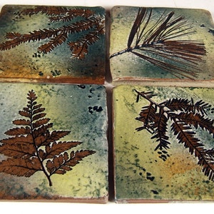 4 Handmade 4 inch Stoneware Accent or Coaster Tiles in "Green Leaf" Glaze