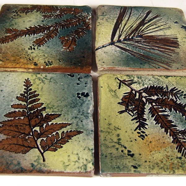 4 backsplash accent tiles 4 inch Stoneware Ceramic Tiles or Coaster Tiles in "Green Leaf" Glaze botanical tiles handmade