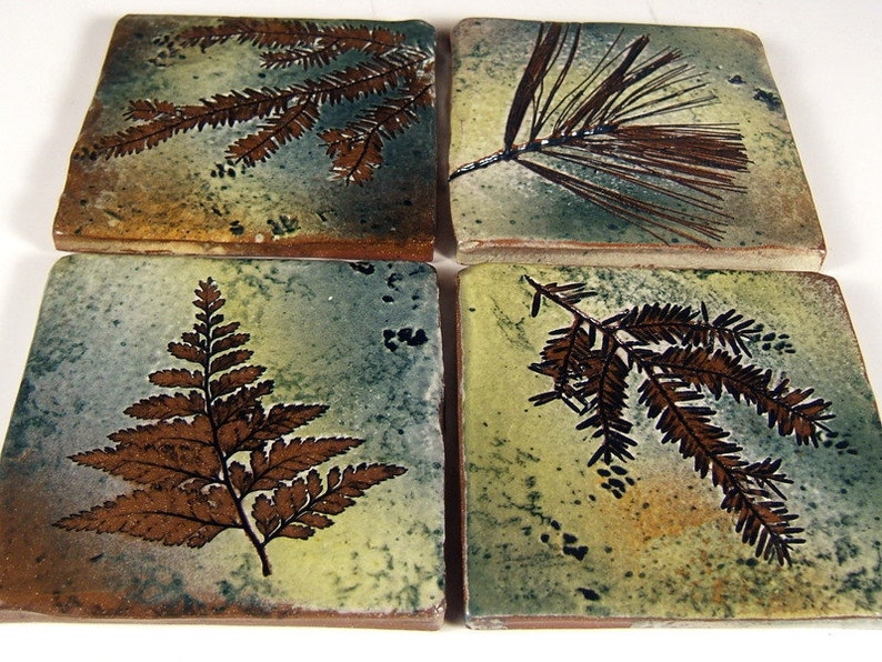 4 backsplash accent tiles 4 inch Stoneware Ceramic Tiles or Coaster Tiles in Green Leaf Glaze botanical tiles handmade image 1