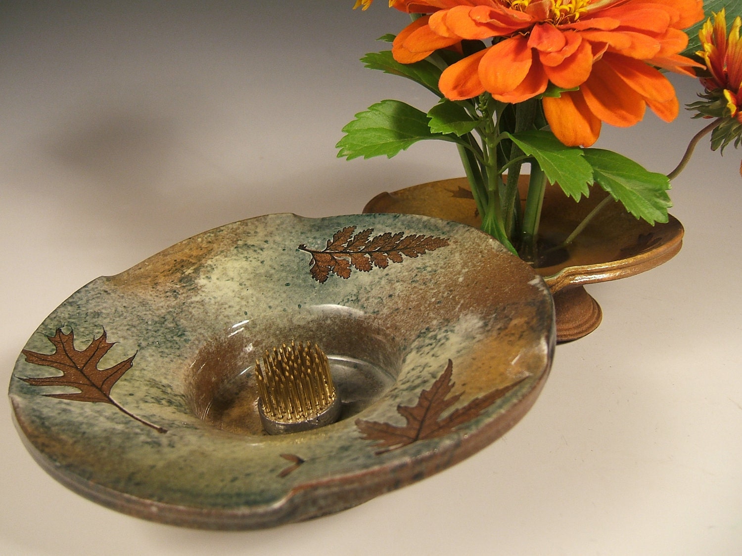 Ikebana Vase in Green Leaf Glaze With Oak Fern & Maple Etsy