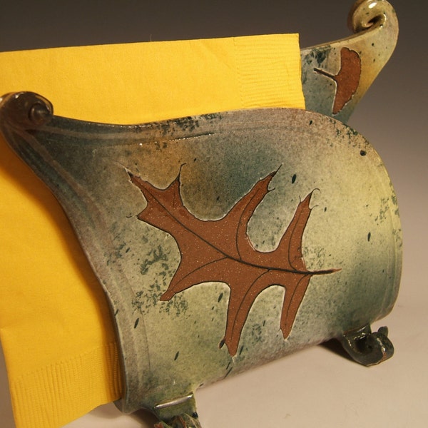 Servettenhalter Briefhalter,Sterlingsilber mit Eichen-, Ginkgo- und Ahornblattimpressionen, grünes Blatt