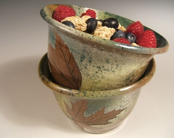 Wheelthrown  stoneware cereal bowl ice cream bowl with leaf impressions