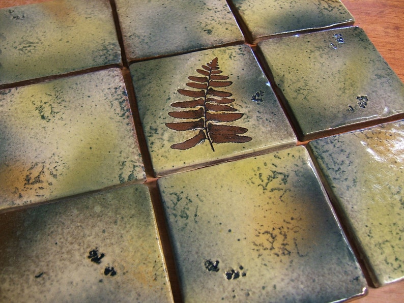 Botanical Stoneware Backsplash Tiles: Green Leaf, Bracken Fern, Rustic