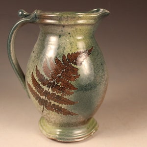 Pitcher Stoneware 48 oz with Fern/Oak in Green Leaf Glaze