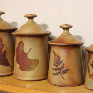 Canister set Lidded Jars Kitchen Canisters with tree leaves in Green Leaf Glaze image 8