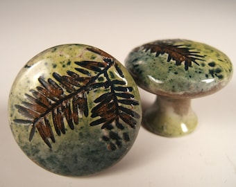 2 Hemlock ceramic cabinet door knobs drawer pulls in green leaf glaze