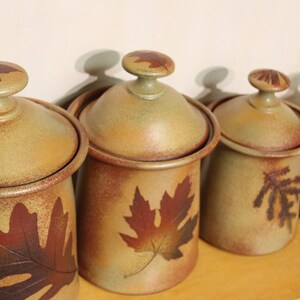 Canister set Lidded Jars Kitchen Canisters with tree leaves in Green Leaf Glaze Earthtone 3 pcs