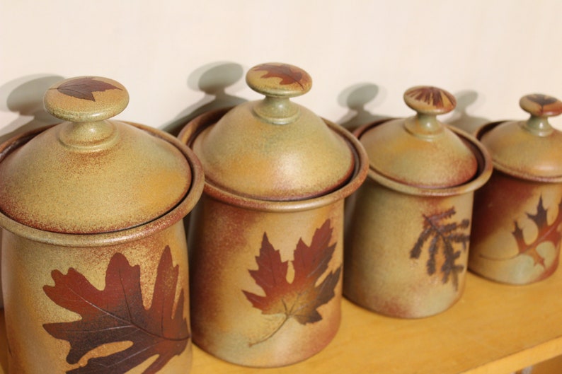 Canister set Lidded Jars Kitchen Canisters with tree leaves in Green Leaf Glaze Earthtone 3 pcs