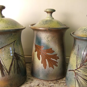 Canister set Lidded Jars Kitchen Canisters with tree leaves in Green Leaf Glaze image 4